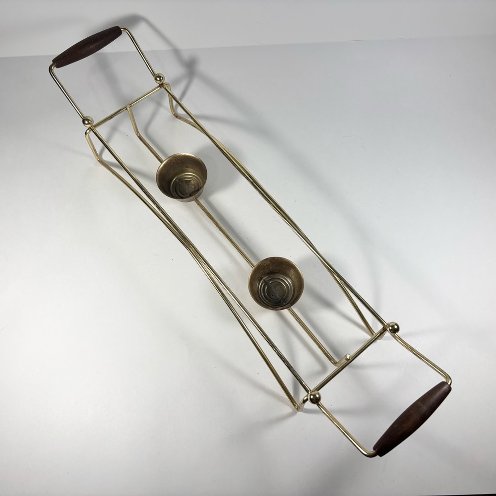 MCM Gold Metal‎ Rectangle Casserole Serving Dish Holder Warmer Wood Handles